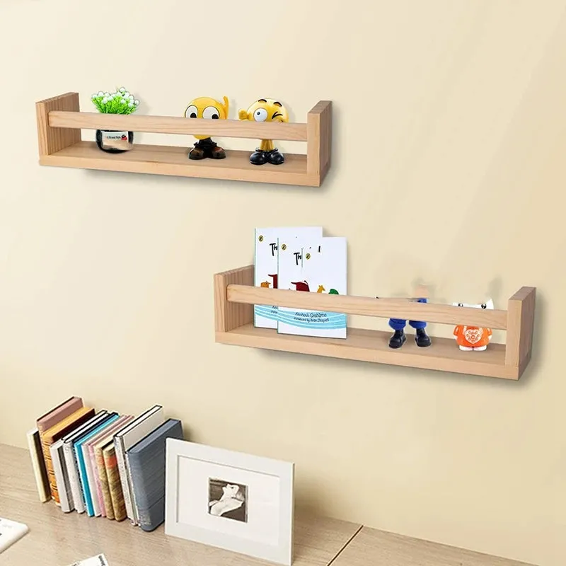 2Pcs Bookshelf Natural Wood Floating Wall Bookshelf