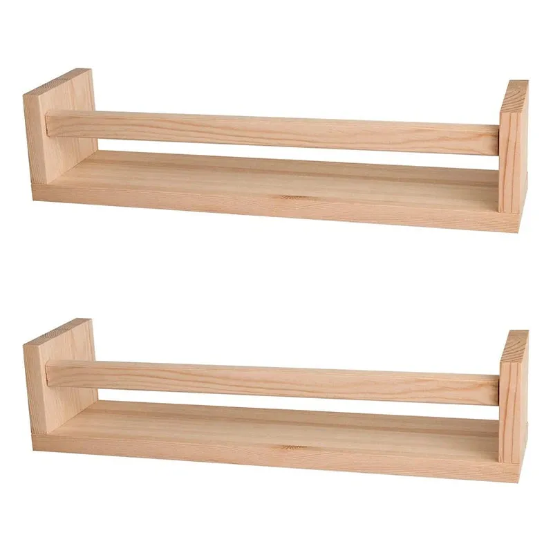 2Pcs Bookshelf Natural Wood Floating Wall Bookshelf