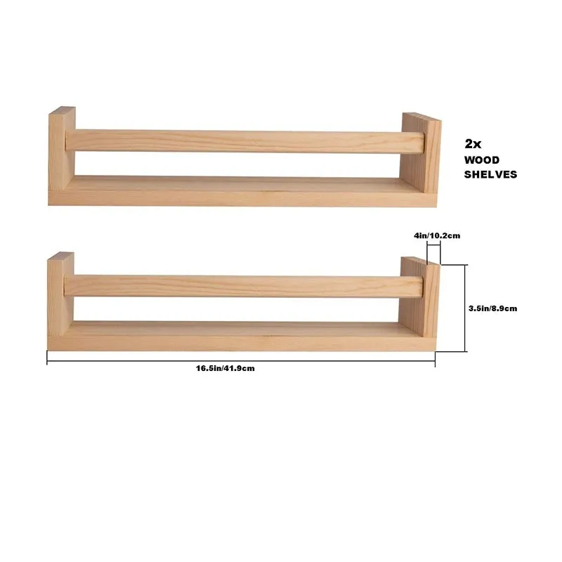 2Pcs Bookshelf Natural Wood Floating Wall Bookshelf