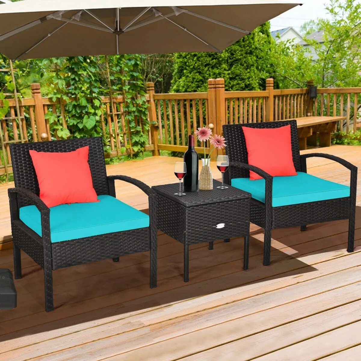 3pc Wicker Rattan Patio Sofa Set - Turquoise
