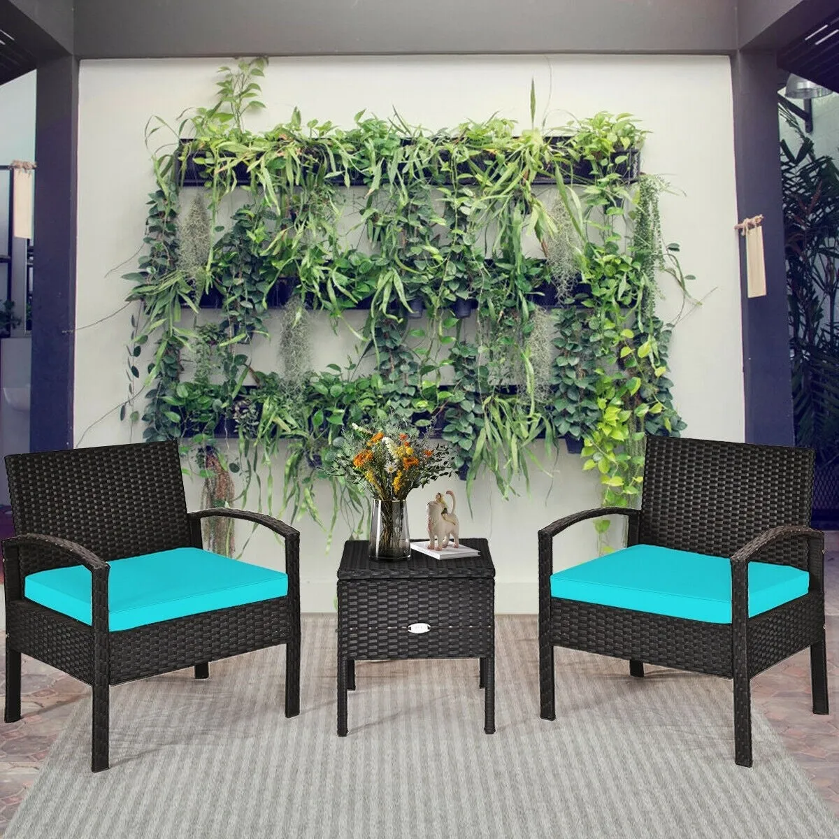 3pc Wicker Rattan Patio Sofa Set - Turquoise