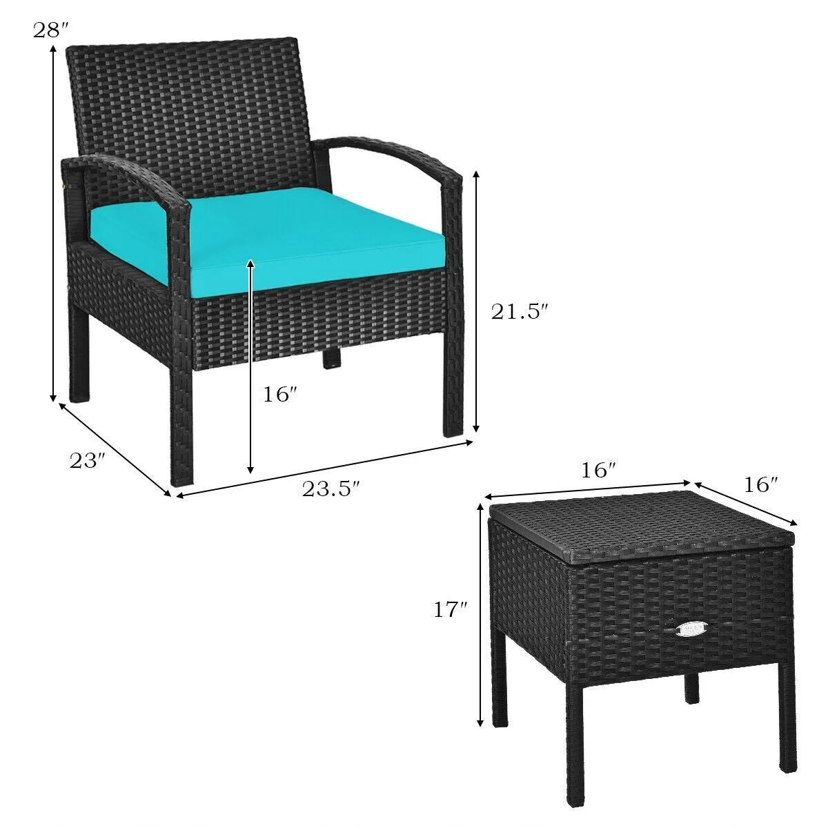 3pc Wicker Rattan Patio Sofa Set - Turquoise
