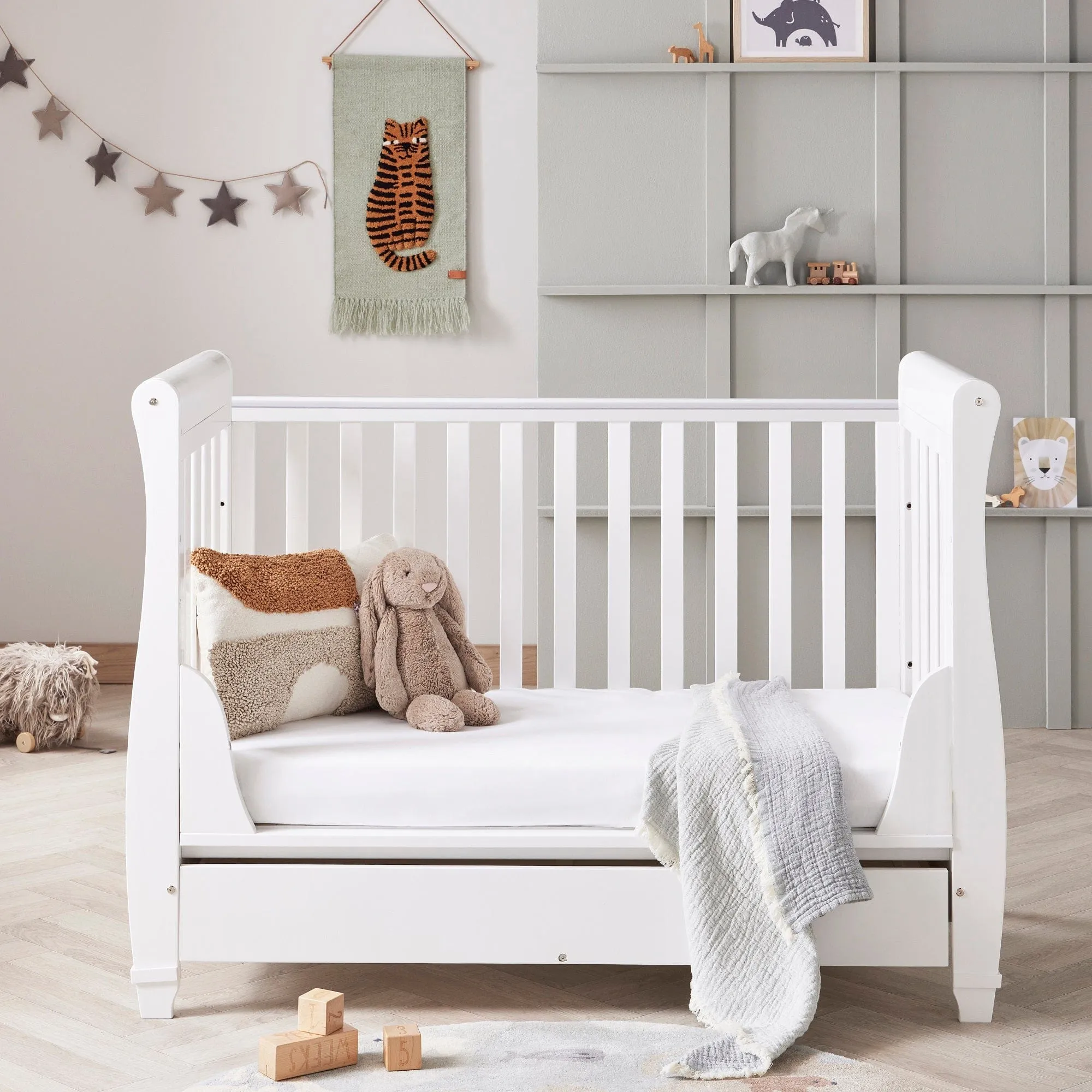 Babymore Eva Drop Side Cot Bed with Drawer - White