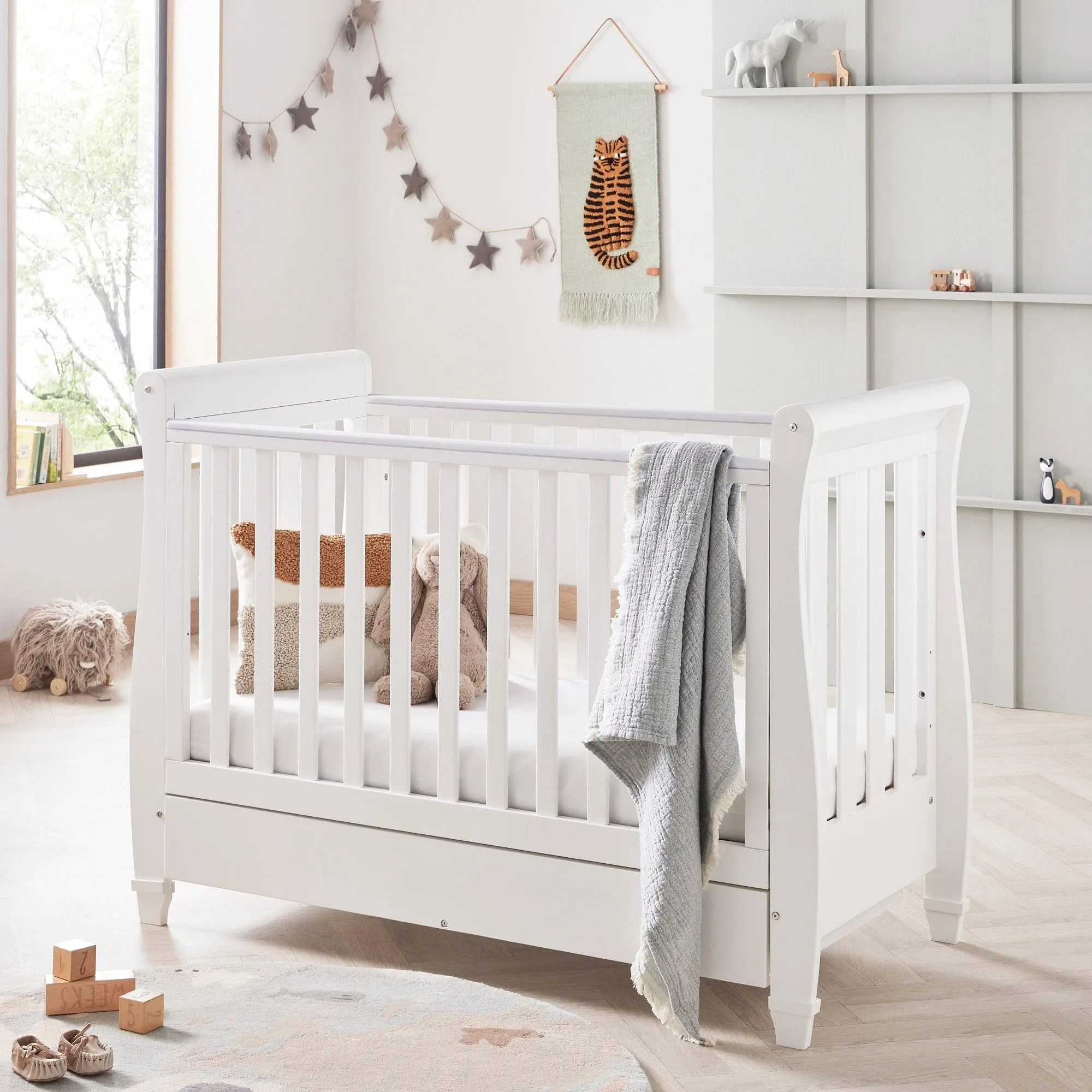 Babymore Eva Drop Side Cot Bed with Drawer - White