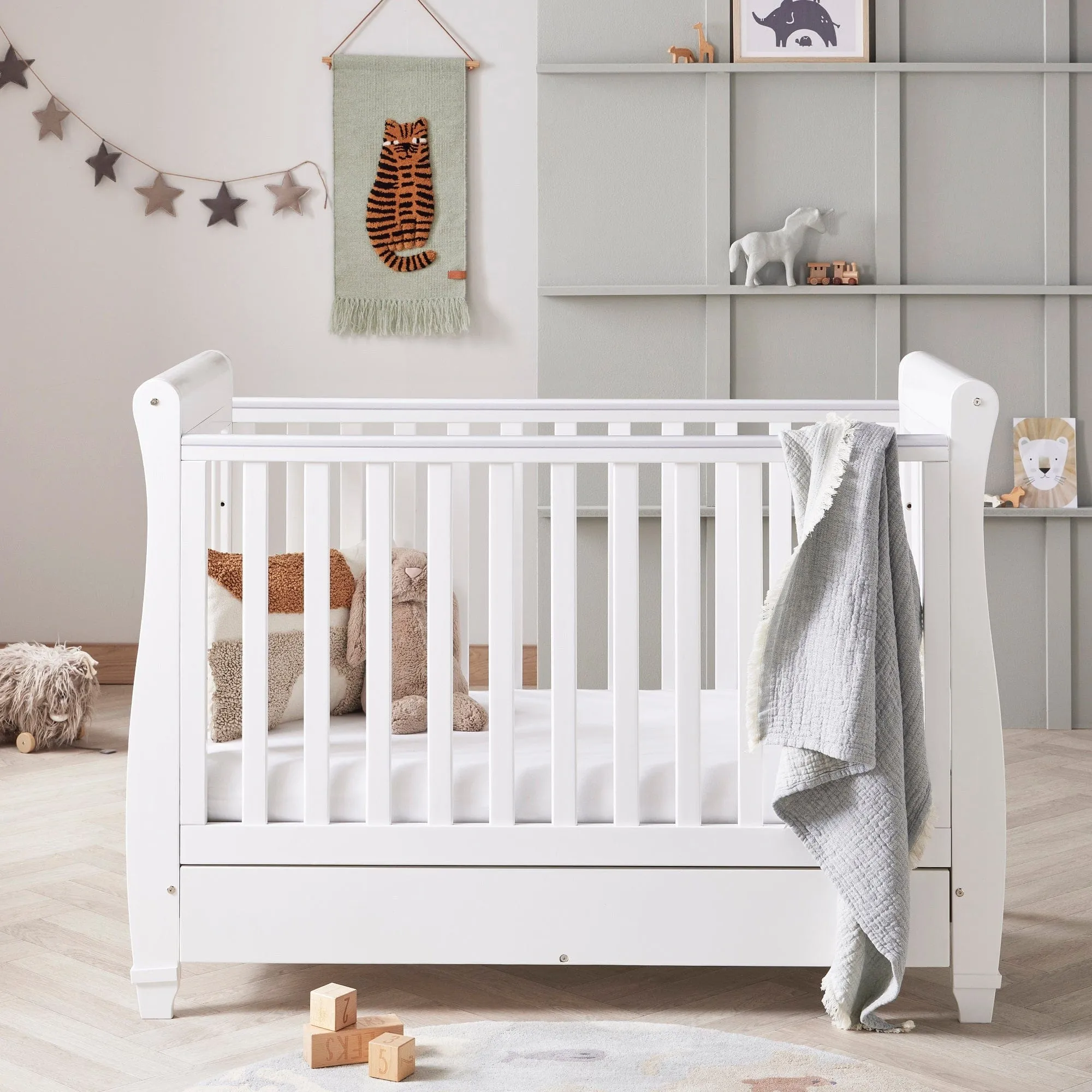 Babymore Eva Drop Side Cot Bed with Drawer - White