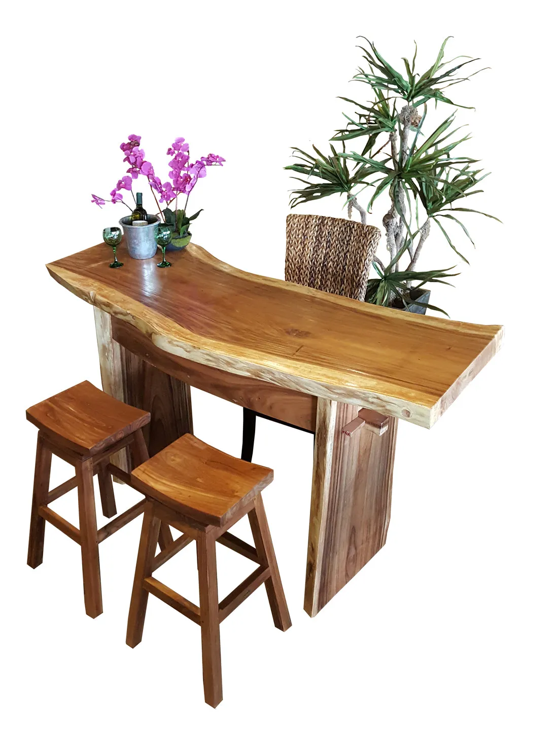 Suar Live Edge Slab Freestanding Bar with Shelf, 118 Inch (choice of table tops)