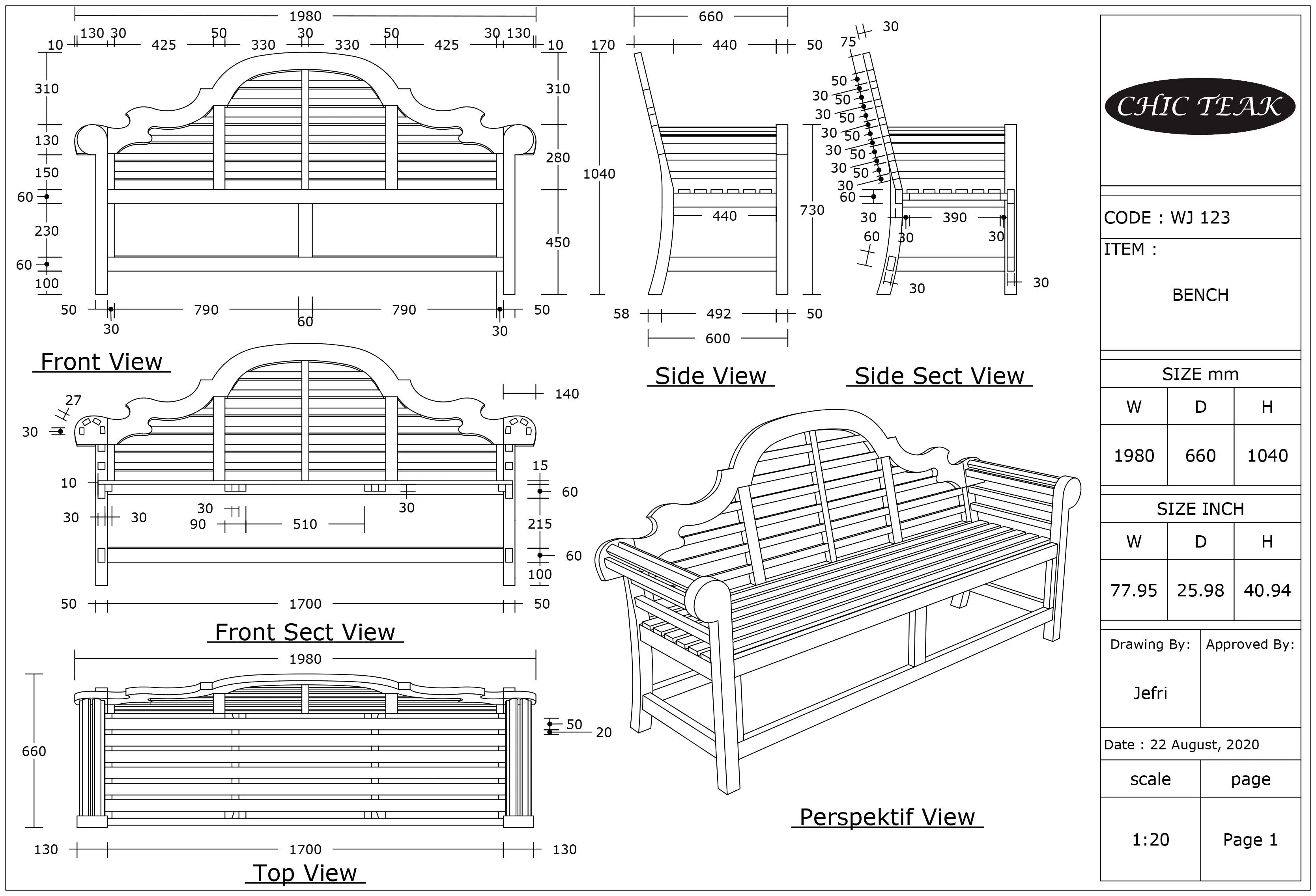 Teak Wood Lutyens Triple Bench